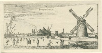 Skaters on the Ice Near a Mill in the Vicinity of Penningsveer (series title: Landscapes) by Esaias van de Velde