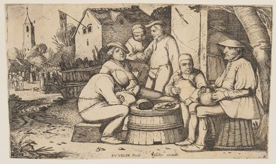 Six Peasants Using a Barrel Butt as a Table by Esaias van den Velde I