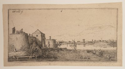 Walled Town, Left of a River, from Landscapes by Esaias van den Velde I
