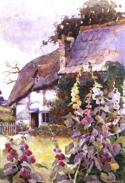 Hollyhocks Outside a Thatched Cottage by Ethel Davies