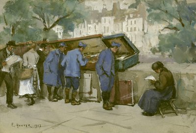 French Soldiers and Bouquinistes Along the Seine, 1917 by Ethel Hunter