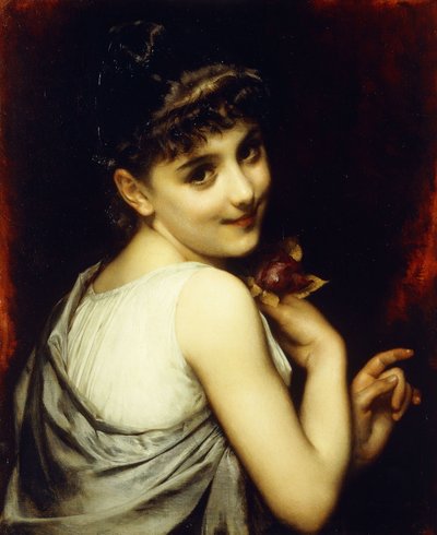 A Young Beauty Holding a Red Rose by Etienne Adolphe Piot