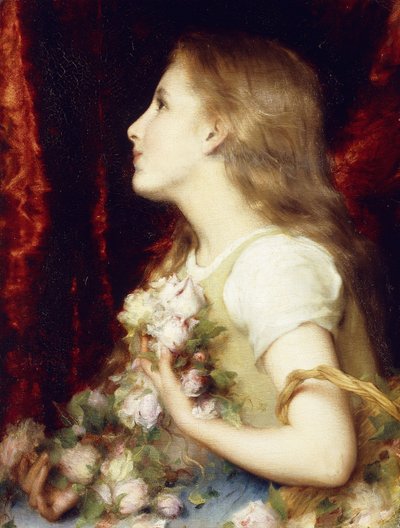 A Young Girl with a Basket of Flowers by Etienne Adolphe Piot