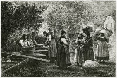 A laundry in Metzeral, women wearing traditional vallee costumes gather at the village fountain. Engraving to illustrate the story 
