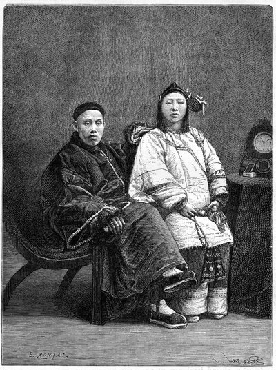 Couple of Chinese notables from San Francisco (United States) in the 19th century. Engraving after a drawing by Ronjat, after a photograph, in Le Tour du Monde, Nouveau journal des Voyages, edited by Edouard Charton, Paris by Etienne Antoine Eugene Ronjat