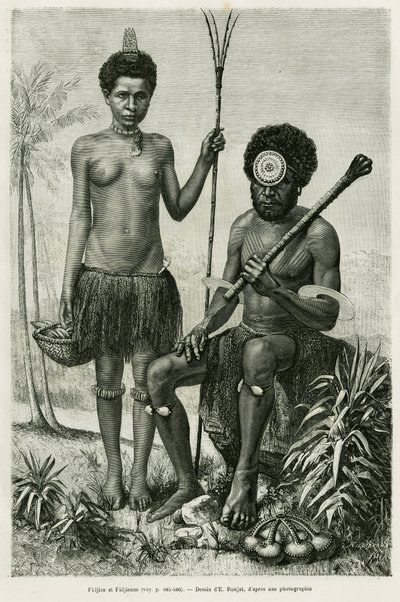 Fijian couple. Engraving by E.Ronjat to illustrate the story 