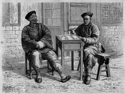 Go Players in the Streets of Pekin (Beijing) in the 19th Century. Engraving after a Drawing by Ronjat, after a Photograph by Doctor Morache, in Le Tour du Monde, Nouveau journal des Voyages, Edited by Edouard Charton, Paris by Etienne Antoine Eugene Ronjat