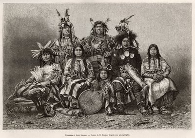 Indian warriors and their wives (Texas). Engraving illustrating 