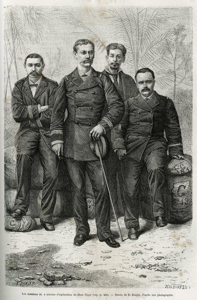 Members of the exploration mission: Mr. Pietri, Commander Gallieni, Dr. Tautain (engraving by Riou) by Etienne Antoine Eugene Ronjat