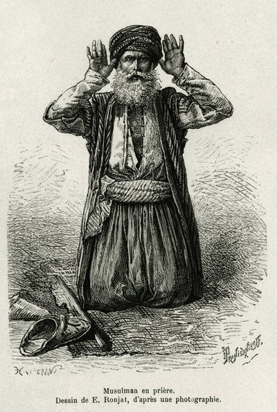 Muslim prayers. Engraving by E.Ronjat, to illustrate La Syria d