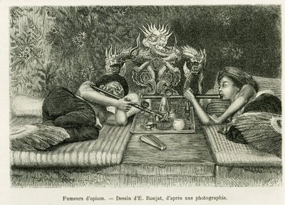 Opium Smokers. Engraving by E. Ronjat, after a photograph, to illustrate the story 