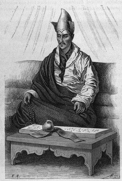 Portrait of Khutukcha, a high priest of Tibet in the years 1870-1880. Engraving after a drawing by Ronjat, in Le Tour du Monde, Nouveau journal des Voyages, edited by Edouard Charton, Paris by Etienne Antoine Eugene Ronjat