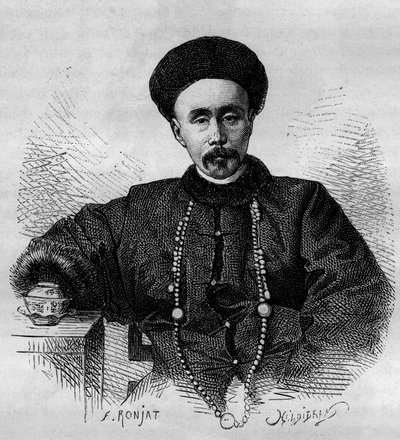 Portrait of Li Hongzhang (1832-1901), Chinese general and viceroy of Zhili from 1871 to 1895 and from 1900 to 1901. Engraving from a drawing by Ronjat, from a photograph by Thomson, in Le Tour du Monde, Nouveau journal des Voyages, edited by Edouard Charto by Etienne Antoine Eugene Ronjat