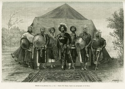Portrait of Prince Menelik II of Ethiopia surrounded by his generals (engraving by Ronjat, after a photograph, to illustrate the story 