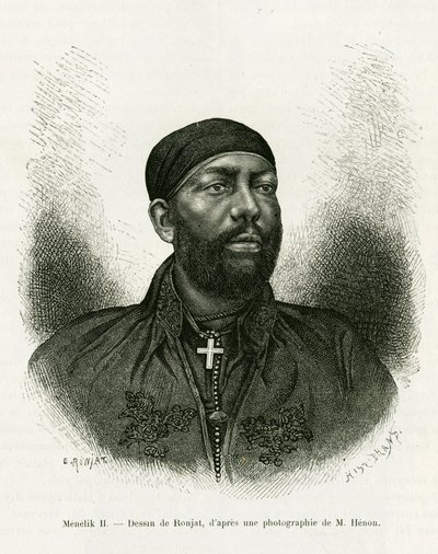 Portrait of Prince Menelik II of Ethiopia (1844-1913). Engraving by Ronjat, after a photograph, to illustrate the story 
