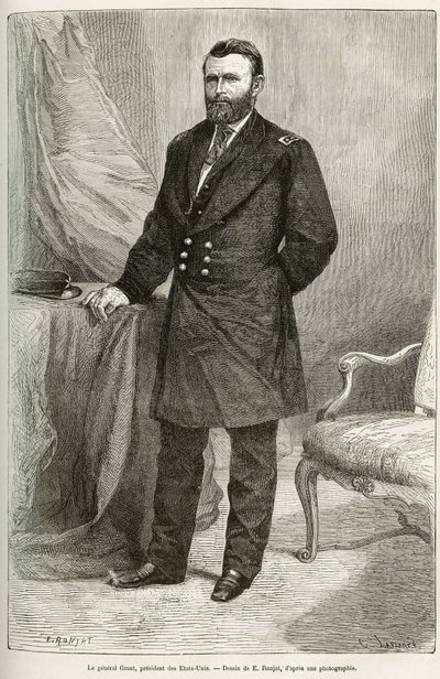 Portrait of Ulysses Grant (1822-1885), American general, leader of Union troops during the Secession War and 18th President of the United States for two terms from 1869 to 1877. Engraving after the drawing of E. Ronjat, to illustrate the story by Etienne Antoine Eugene Ronjat