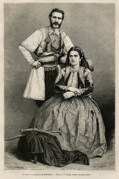 Portraits of the Prince of Montenegro Nicholas I Petrovicz Niegosch and his wife, Milena. Drawing by E. Ronjat, to illustrate the journey to Montenegro, in 1874, by Charles Yriarte. Engraving in Le tour du monde by Etienne Antoine Eugene Ronjat