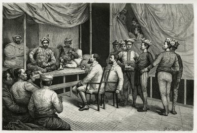 Reception of travelers at the palace of the sultan of Soulou (or Sulu) (archipelago of the Philippines), Mohammed Yamalul Alam. Engraving by E.Ronjat, to illustrate the story 