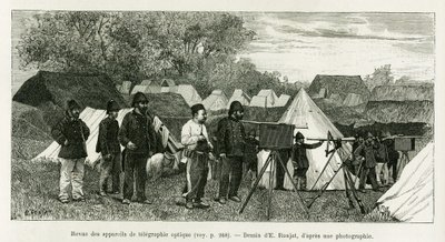 Review of optical telegraphy apparatus. Engraving by E.Ronjat, to illustrate the story 