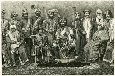 The Kashmir maharajah, Rambhir Sing and his court. Engraving by E. Ronjat, to illustrate the story 