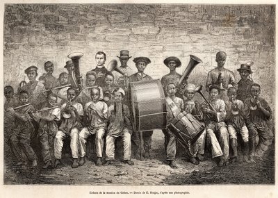 The band of the children of the Gabon mission. Engraving after the drawing of E.Ronjat, to illustrate the cruise on the coast of Africa, by Vice Admiral Fleuriot de Langle, in 1868, published in Le tour du monde 1876, edited by Edouard Charton by Etienne Antoine Eugene Ronjat