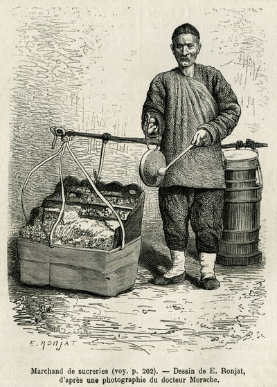 The sugar merchant hitting a flat drum to draw attention to his dried apricots, candied apples and caramel berlingots, walking the Oriental Flower Gate of the Imperial Palace in Peking. Engraving after the drawing of E. Ronjat, to illustrate the journey to by Etienne Antoine Eugene Ronjat