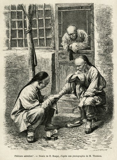The walking pedicure, a common scene of everyday life in Chinese cities. Engraving after the drawing of E.Ronjat, to illustrate the journey to Pekin and North China, by T.Choutze, in 1873, published in Le tour du monde 1876, edited by Edouard Charton by Etienne Antoine Eugene Ronjat
