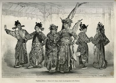 Tragedians of a Pekinese theatre, specialising in historical and mythological dramas. Engraving after the drawing of E.Ronjat, to illustrate the journey to Pekin and North China, by T.Choutze, in 1873, published in Le tour du monde 1876, edited by Ed by Etienne Antoine Eugene Ronjat