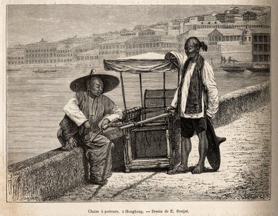Two Bearers at Rest Beside Their Wheelchair in Hong Kong by Etienne Antoine Eugene Ronjat