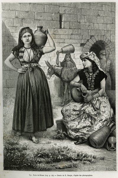 Women carrying jugs, near the well of Hiram in Tyre. Engraving by E.Ronjat, to illustrate the story La Syria d