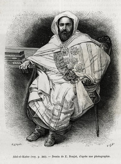 Portrait of Abd El Kader, Algerian emir and sultan, Sufi theologian, politician and military resistance to the French colonial army, also writer, poet and philosopher. Engraving by E. Ronjat, to illustrate the story La Syria d