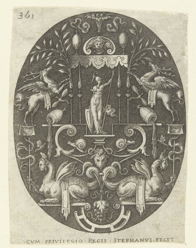 Bellona under a canopy (Ovals with gods, surrounded by grotesques series) by Etienne Delaune