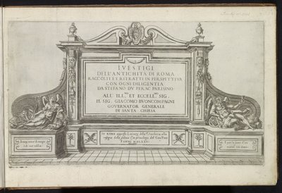 Title Print with a Monument Flanked by Fame and Father Time (Bouwwerken uit de oudheid) by Etienne Duperac