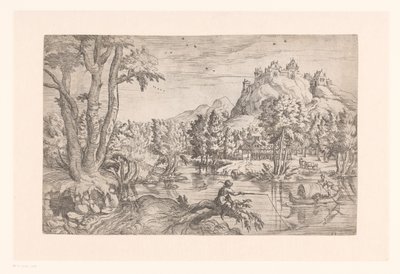 Landscape with Fisherman and Castle on Hilltop by Etienne Dupérac (attributed to)