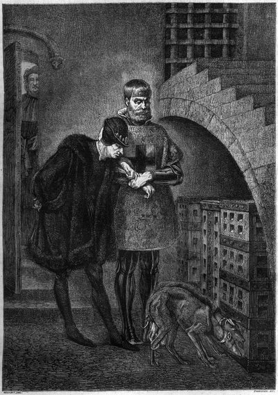King Louis XI of France (1423-1483) visiting the prisoner Jean de La Balue (Cardinal Balue) (1421-1491), enclosed in an iron cage. Engraving by Bocour after the painting by Gerome by Etienne Gabriel Bocourt