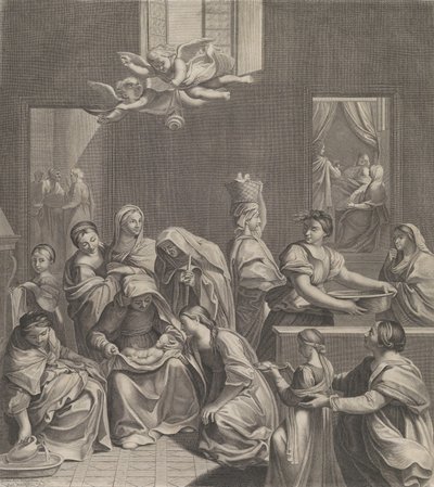 The Birth of the Virgin, Woman Seated with an Infant in Her Lap, Numerous Women Surrounding by Etienne Picart
