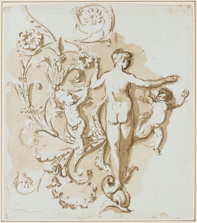 Female Nude Seen from Behind, with Two Putti, Among Acanthus-Leaf Decoration by Etienne de Lavallee Poussin