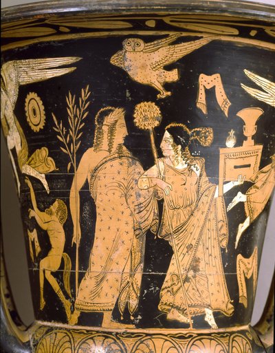 Bell crater representing the destruction of Troy: detail representing Dionysos and Ariane by Etruscan