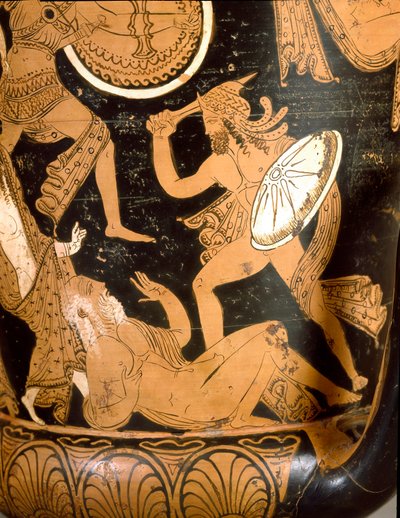 Etruscan antiquity: bell crater representing the destruction of Troy: (detail) representing Priam killed by Neoptoleme. From Falerii Veteres (Civita Castellana). 350-300 BC. Rome, Museo Nazionale di Villa Giulia by Etruscan