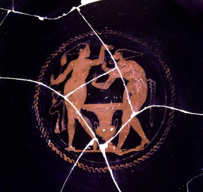 (detail) of a kylix representing a maenad and a satyr, 330-300 BC by Etruscan