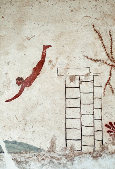 Etruscan art: A young swimmer diving. Fresco of the grave of the diver. (detail) From the southern cemetery of Paestum. 480-470 BC. Museo Archeologico Nazionale, Paestum by Etruscan