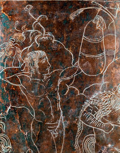 Etruscan art: (detail) of the bronze Ficoroni Cistus representing the legend of the Argonauts: an argonaut training in pugilate. From Preneste (Palestrina). 340 BC. Museo Nazionale di Villa Giulia, Rome by Etruscan