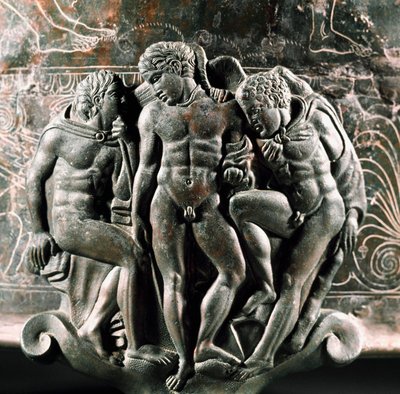 Detail of the bronze Ficoroni Cistus representing Hercules, Iolaos, and Eros by Etruscan