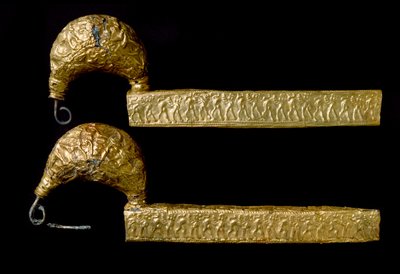 Etruscan art: fibules (pins) in gold. 630 BC. From the tomb of the Licteur (Littore) a Vetulonia (or Vetulonium). Dim. 21 cm Florence, Museo Archeologico by Etruscan