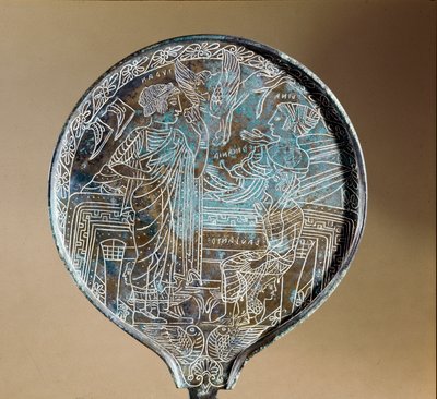 Etruscan Art: Mirror Back in Bronze: Aphrodite Persuades Helen to Follow Paris to Troy. 5th Century BC. Rome, Museo Nazionale di Villa Giulia by Etruscan