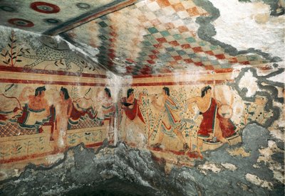 Etruscan art: view of the interior of the tomb of the Leopards decorated with frescoes representing a banquet scene with dancers. 470 BC. Necropolis of Monterozzi, Tarquinia, Italy by Etruscan