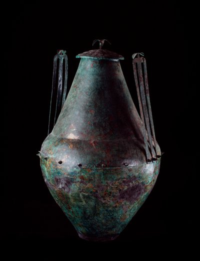 Etruscan civilization: biconical bronze vase with double handle and lid from the tomb of the bronze tank in Vulci, 680-670 BC by Etruscan