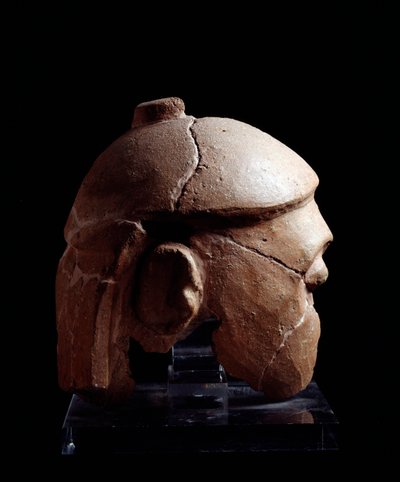 Etruscan civilization: casquee head in terracotta of the Antenanti group from Murlo, Poggio Civitate, Italy - 580-570 BC by Etruscan