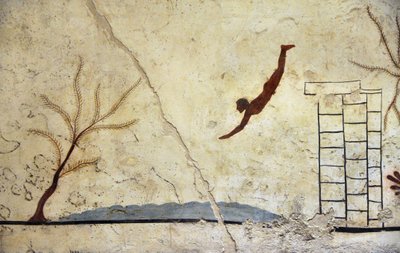 Greek Art: A young swimmer diving. Fresco of the grave of the diver, Paestum by Etruscan