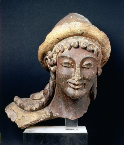 Head of Hermes wearing a pilos, from the Temple of Portonaccio, Veii, 510-500 BC by Etruscan